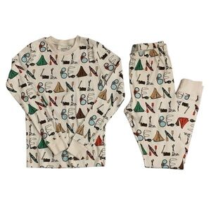 L.L. Bean Camping Pajamas Set Shirt Pants Size 12 White Tent Canoe Binoculars